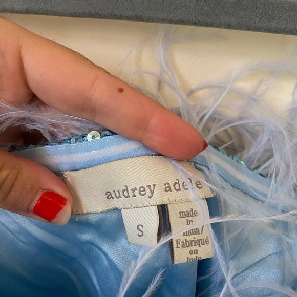 AUDREY ADELE BHLDN ANTHROPOLOGY BLUE SEQUIN DRESS WITH FEATHER TRIM MINI DRESS - Picture 6 of 12